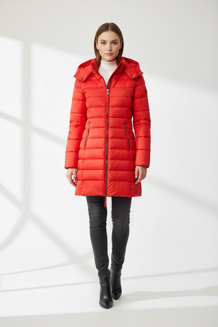 Modelo con abrigo acolchado rojo