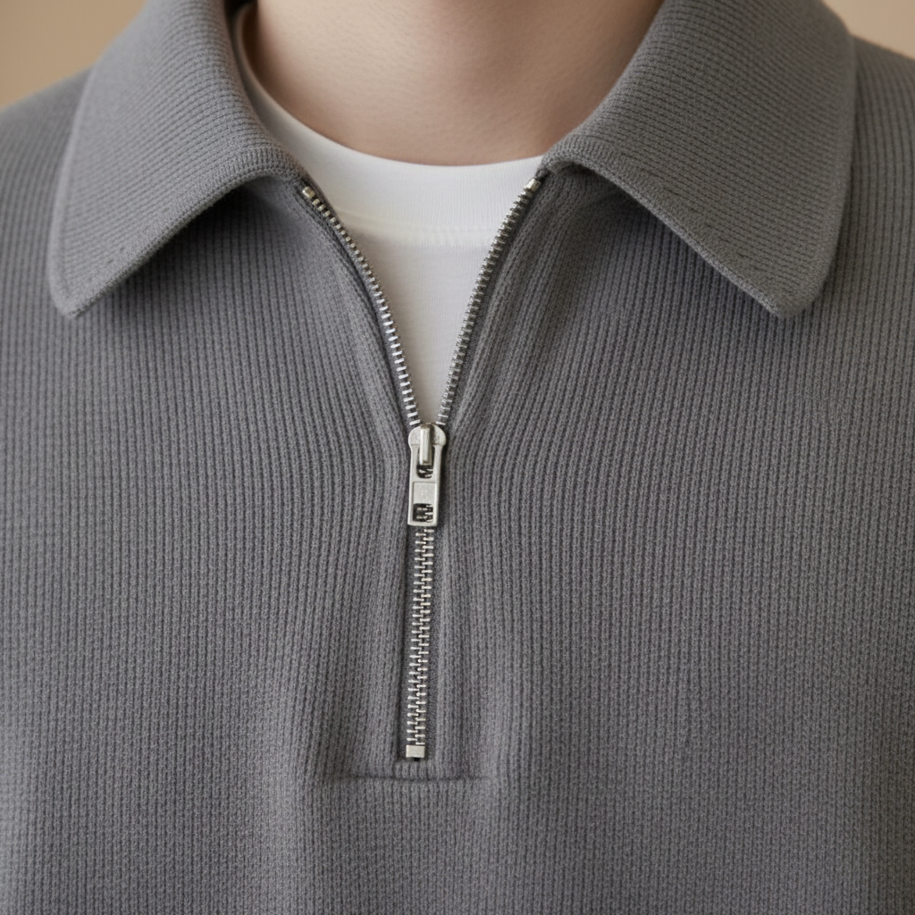 Detalle cuello jersey gris con cremallera