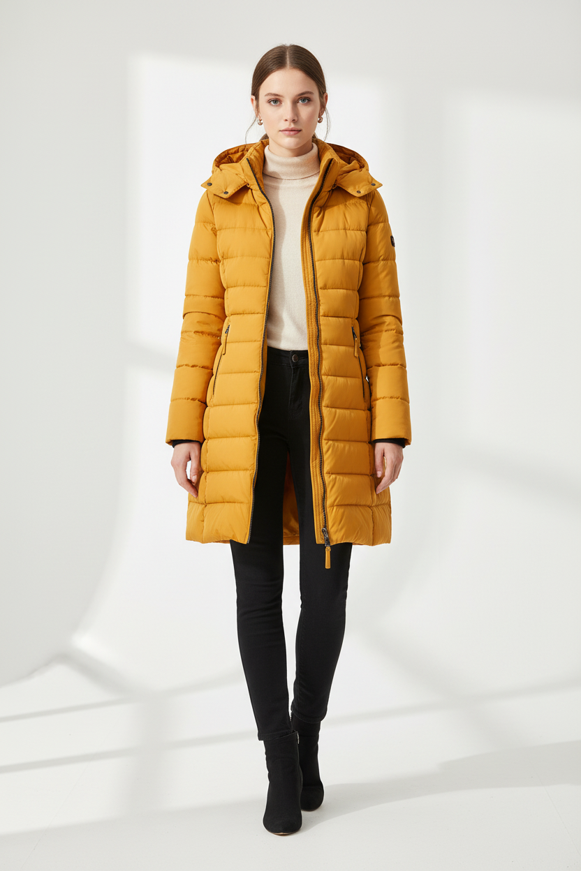 Modelo con abrigo acolchado amarillo mostaza