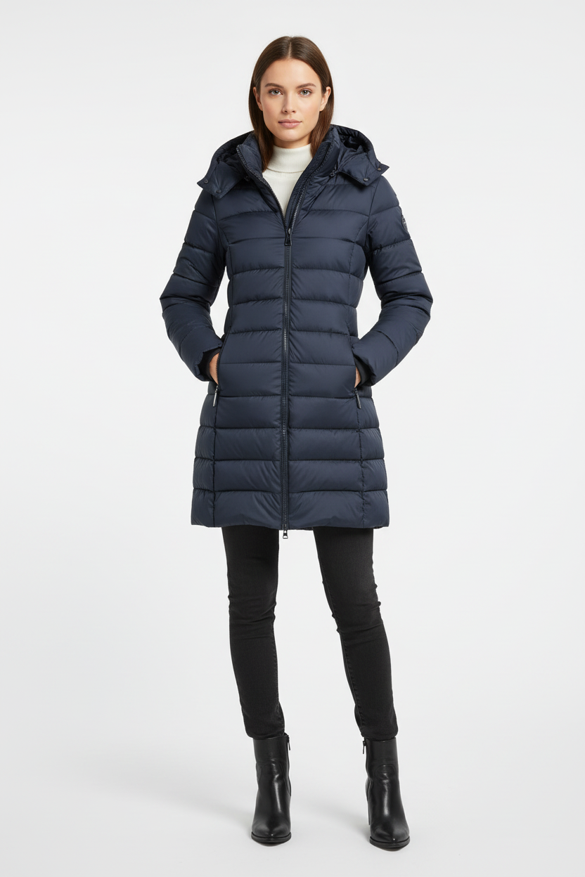 Modelo con abrigo acolchado azul marino - solo cremallera