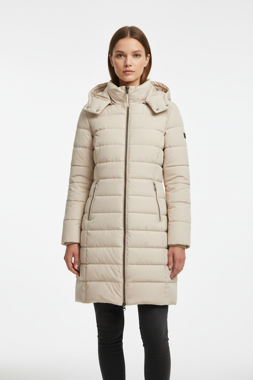 Modelo con abrigo acolchado beige