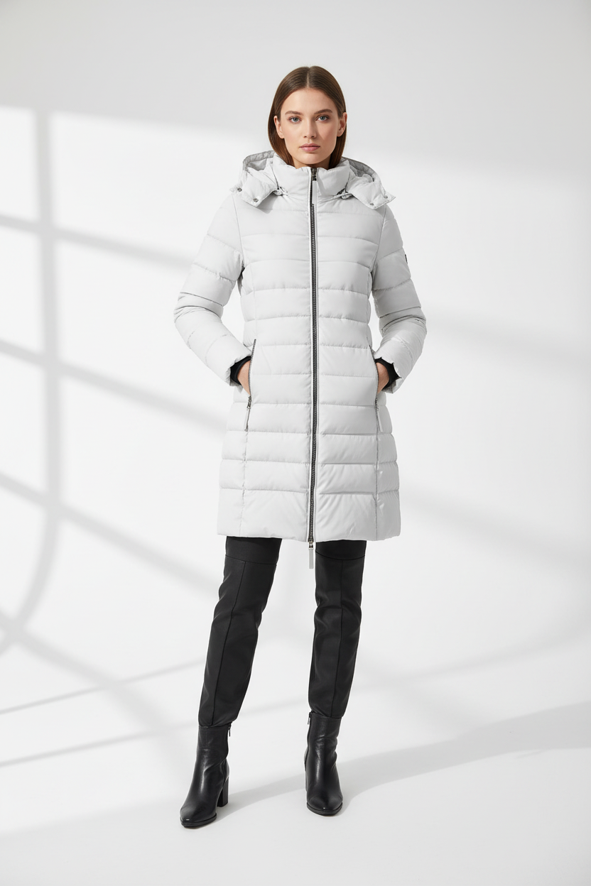 Modelo con abrigo acolchado blanco