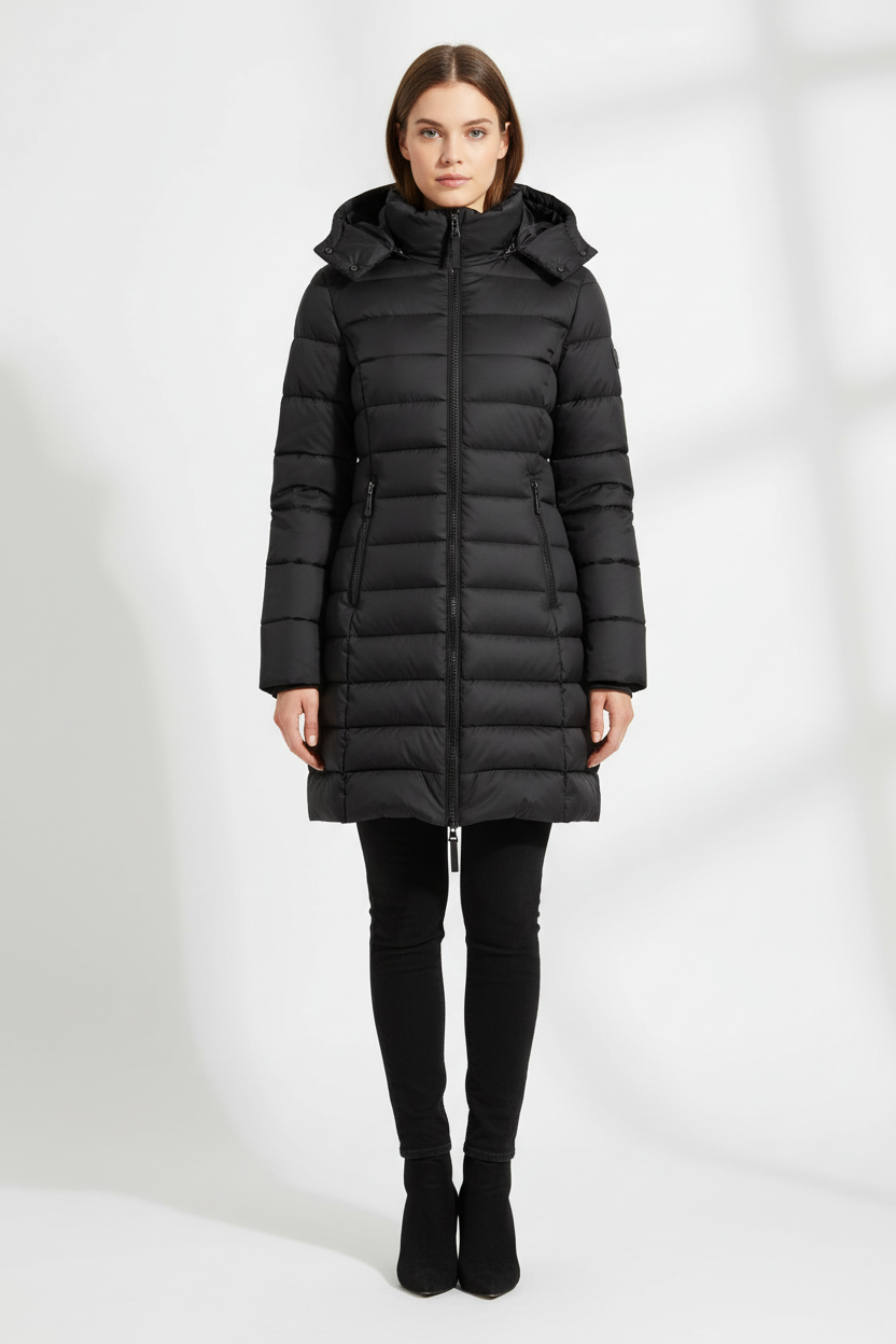 Modelo con abrigo acolchado negro