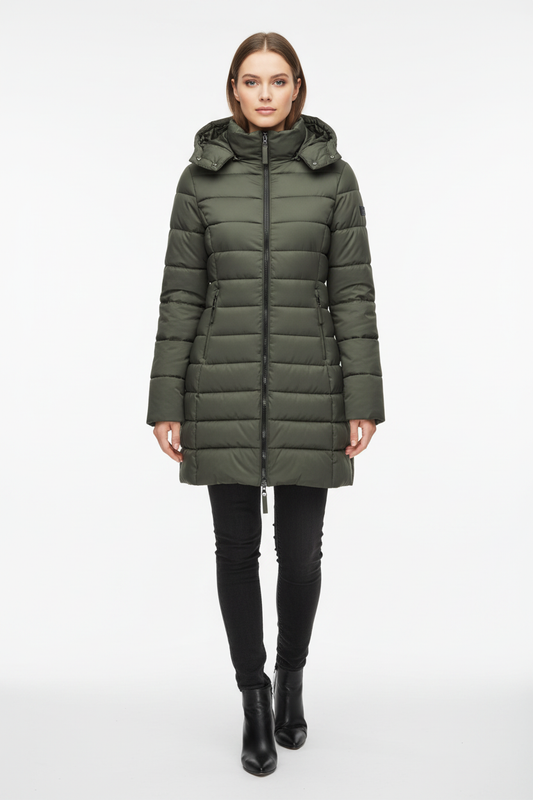 Modelo con abrigo acolchado verde oliva