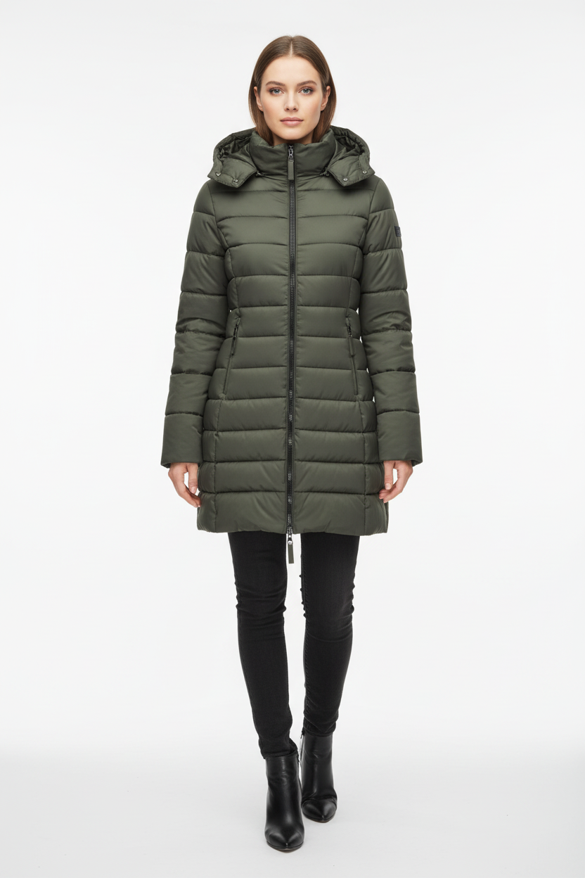 Modelo con abrigo acolchado verde oliva