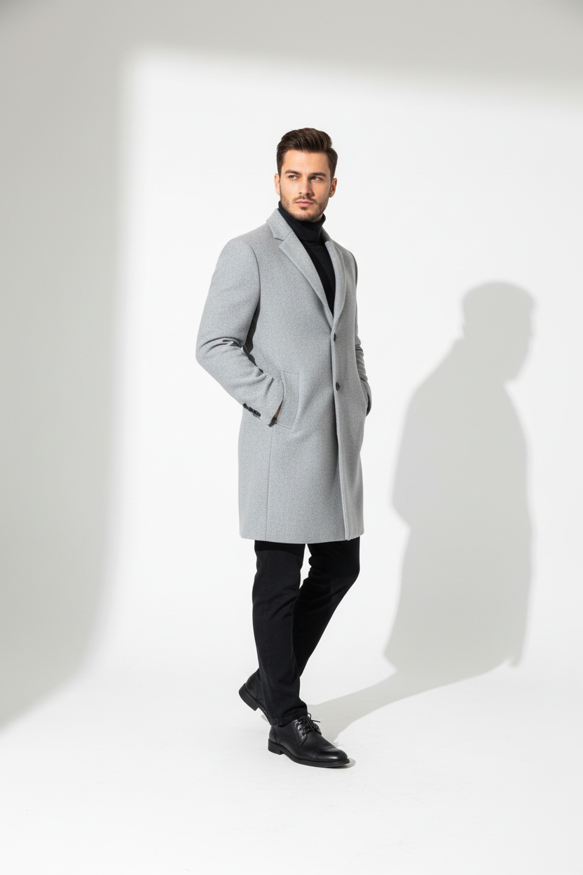 Modelo con abrigo largo gris claro