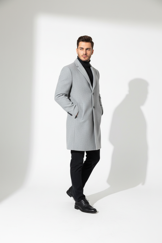 Modelo con abrigo largo gris claro