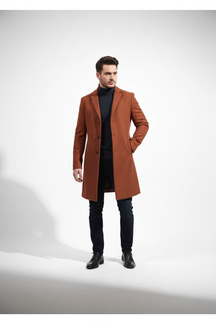 Modelo con abrigo largo marrón terracota - sombras equilibradas