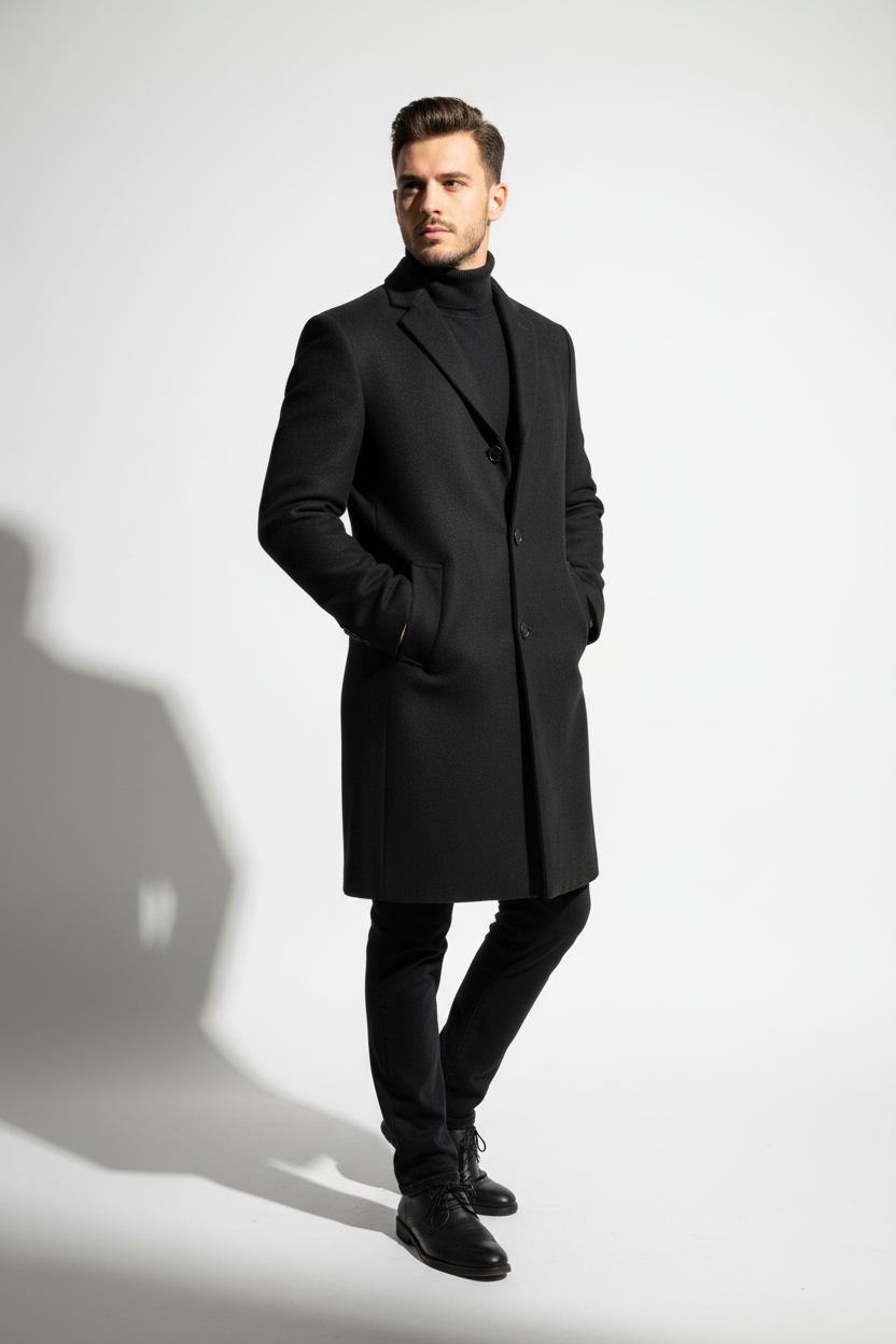 Modelo con abrigo largo negro - sombras equilibradas