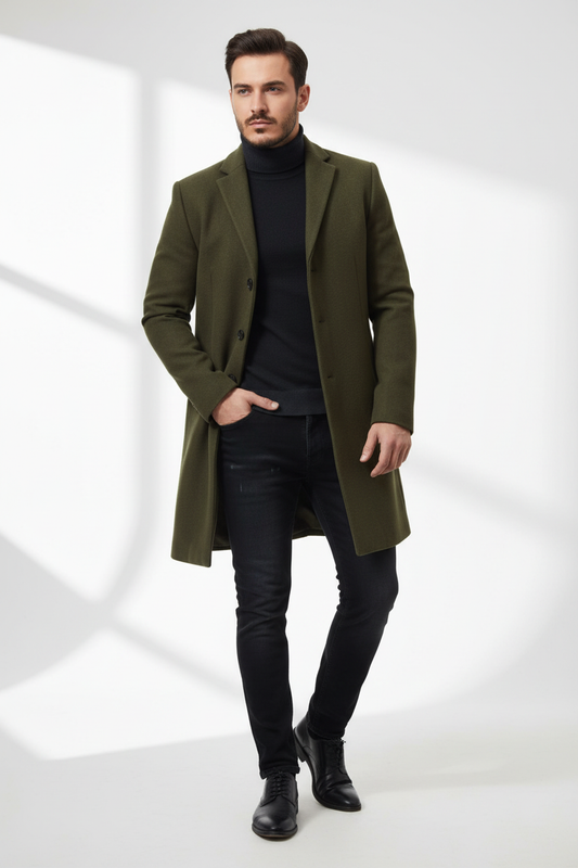 Modelo con abrigo largo verde oliva - sombras equilibradas