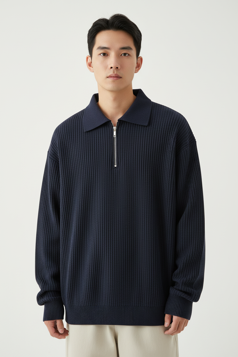 Modelo con jersey polo azul marino acanalado