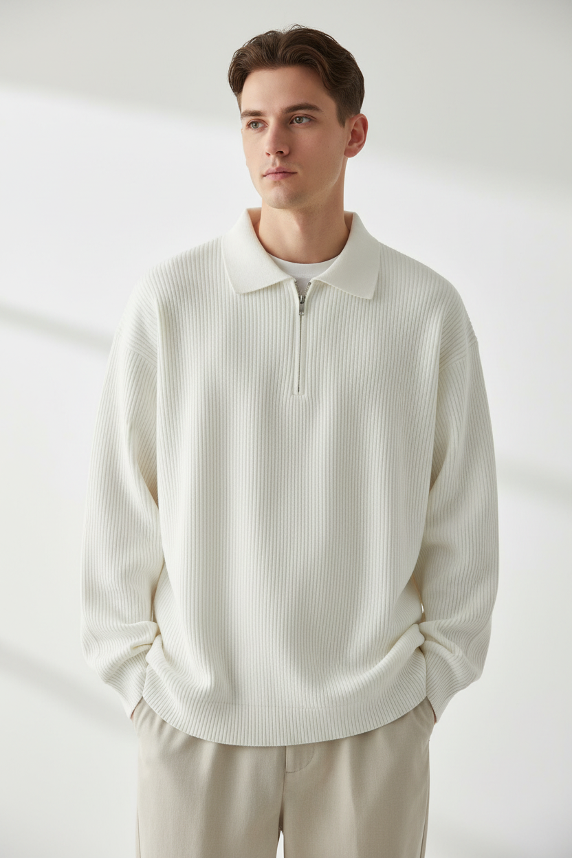 Modelo con jersey polo blanco acanalado