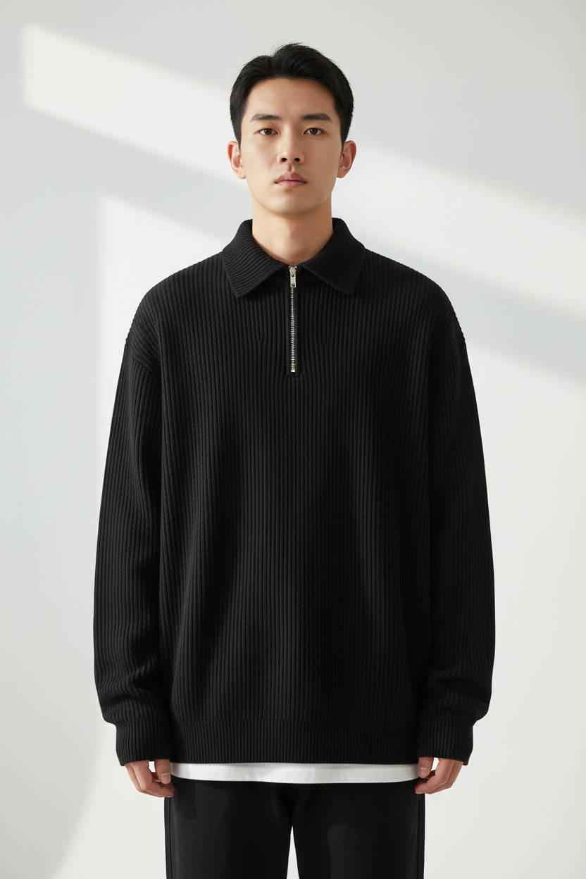 Modelo con jersey polo negro acanalado