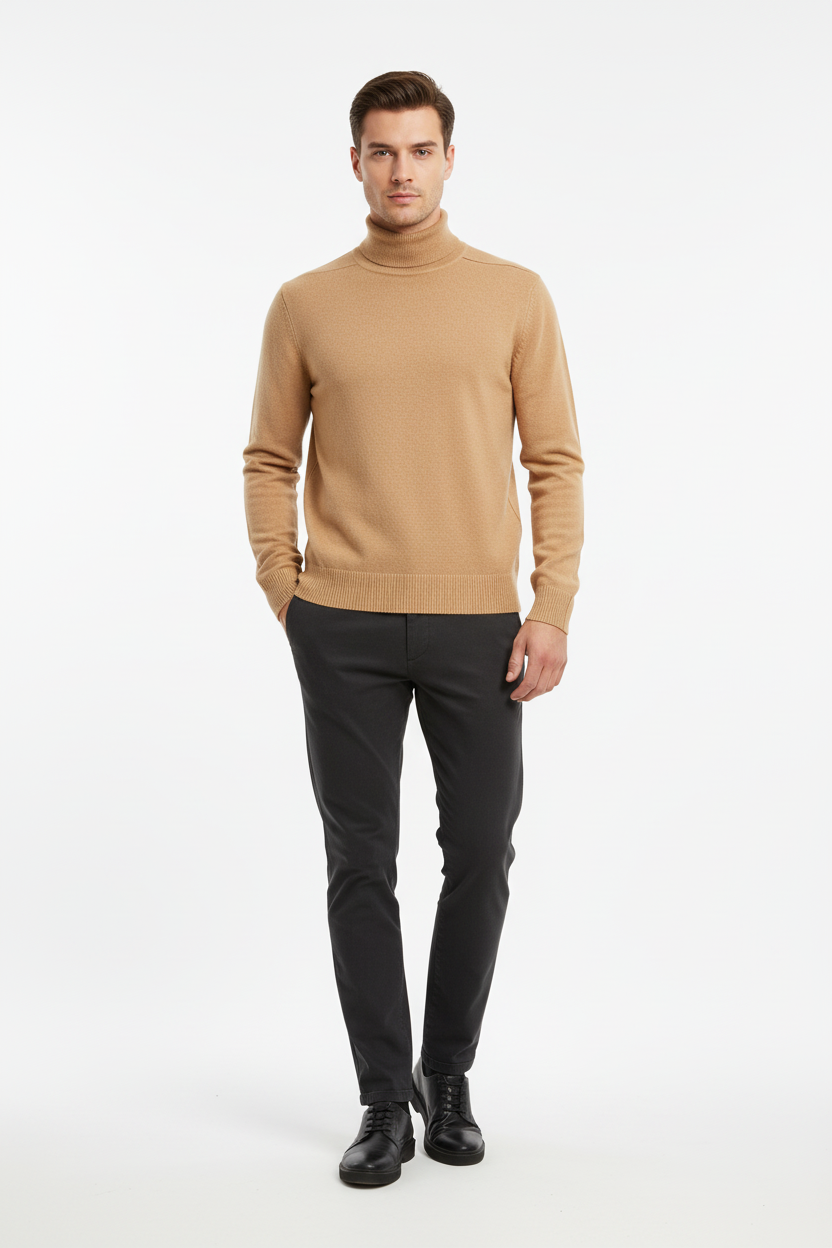 Modelo masculino con jersey beige - detalles fieles